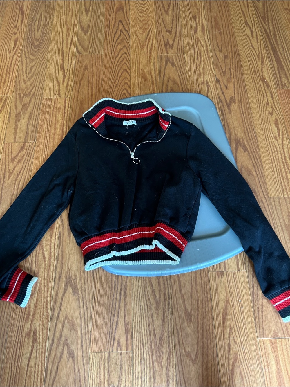 Garage Black Cropped Zip Sweater with Red & White Stripe Trim